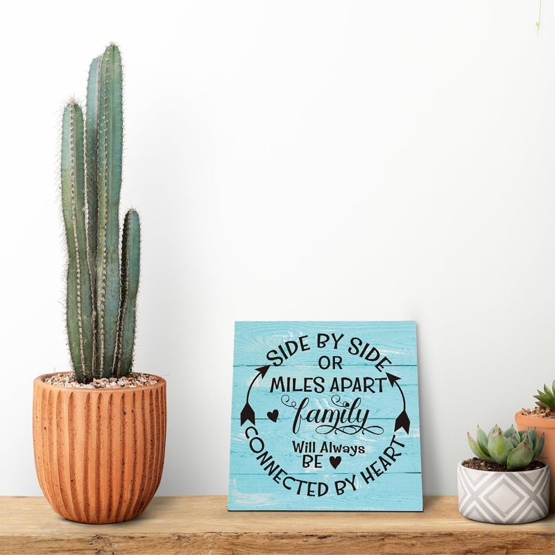 SUSZDOU Family Sign, “Side by Side or Miles Apart, Family Will Always Be Connected by Heart”, Wooden Plaque Table Art Sign 6.2x6.2 Inch, Farmhouse Room Decor, Long Distance Gift for Loved Ones E - Image 5